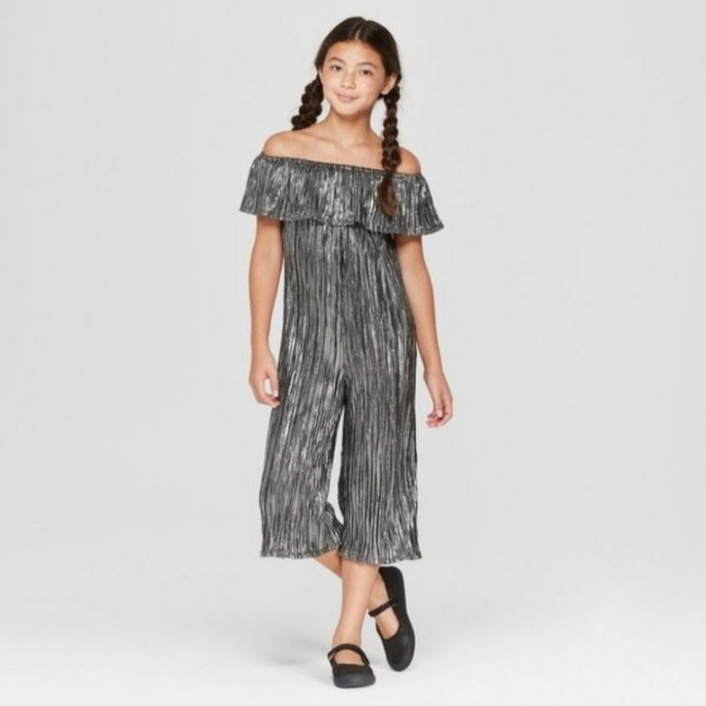 NWT Target Art Class Jumpsuit Cold Shoulder Wide Leg Black Silver Sz 14/16